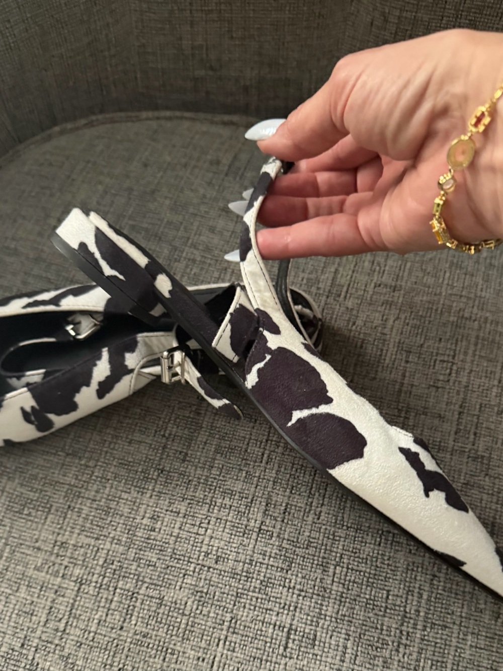 Cider Black & White Cow-Print Pointed Slingback Flats - Picture 2 of 4